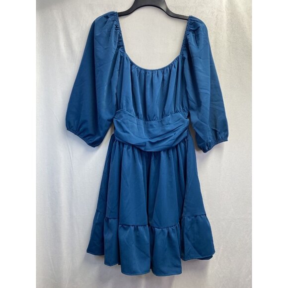 iGENJUN Off Shoulders Lantern Sleeve Smocked Backless A-Line Dress Women L Blue - Picture 1 of 16